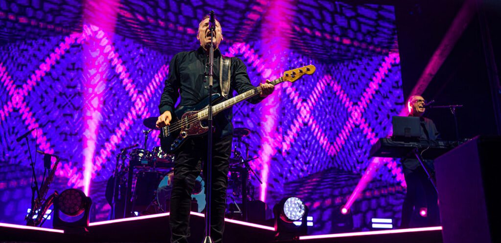 OMD performing live at Rochdale Town Hall Square in 2026